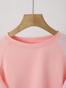 1 pezzo Camicetta da donna a righe con patchwork, colore a contrasto, costine, bottoni, adatta per uso quotidiano, primavera/autunno, colori: bianco, nero, blu, rosa, verde, giallo - Rosa - Visualizzare 3