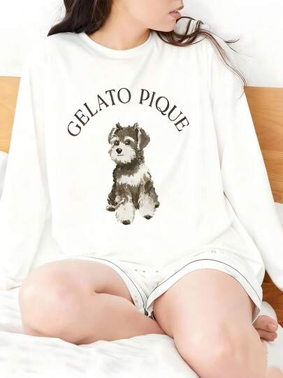 Gelato Pique 犬 動物 プリント レディース Tシャツ トップス 秋冬 ナチュラル 長袖 部屋着 女性 軽い 白 ルームウェア おうち時間 インナー パジャマ