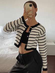 Livesso 女士条纹开衫，长袖上衣，秋冬款 - 黑與白 - 查看 7