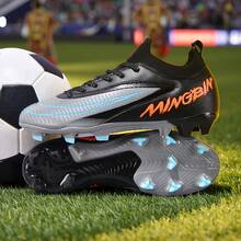 1双成人学生青少年高帮户外足球鞋，男士专业运动鞋，大码防滑耐磨AG钉FG天然草软地真草足球训练鞋系带真皮足球鞋，轻便高性能防滑设计高帮专业足球鞋 - 灰黑色 - 查看 5