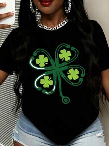 Stethoscope Clover Nurse Shirt St Patrick's Day Medical Theme T-Shirt For Women Green Shamrock Design White Cotton Top - 黑色 - 查看 2