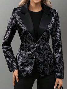 Áo khoác blazer dáng ôm tay dài, cổ khoét chữ V thanh lịch, đơn hàng khuy, chất liệu vải jacquard cho nữ, mùa xuân/thu - màu đen - Xem 8