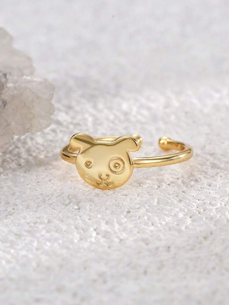 Charm-In 1pc Fashionable Minimalist 18K Gold Plated Brass Heart, Geometric, Puppy Shaped Cubic Zirconia Adjustable Ring, Gift For Valentine's Day, Mother's Day - Gold - View 8