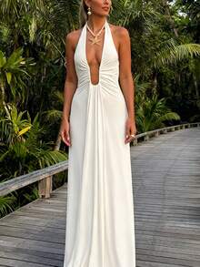 Women's Casual And Elegant Daily Versatile Solid Color Hollow Out Waist-Defining Sexy Pleated Flowy Strap White Sleeveless Halter Neck Long Dress, Spring Summer,Summer Dresses For Women,White Dress,Casual Long Dresses,Holiday Clothes,Elegant Dresses For Ladies,Party Dresses For Women,Beach Dresses,Summer Outfits - White - View 2