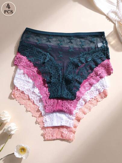 4条装女士性感蕾丝内裤，低腰无缝镂空蕾丝拼接内裤，舒适透气运动三角裤