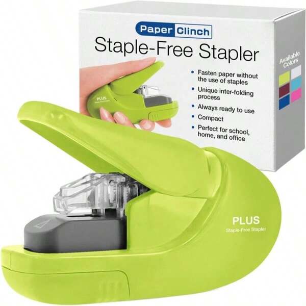 Plus Paper Clinch Desktop Staple-Free Stapler, Green