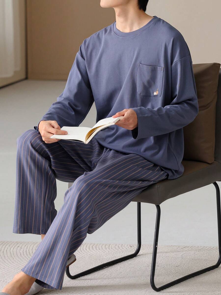 【AICJ睡衣】男士休闲宽松睡衣两件套，圆领长袖上衣，侧条纹长裤，针织面料，适合派对、居家、旅行、春季、秋季、冬季穿着。 - 藏蓝色 - 查看 1