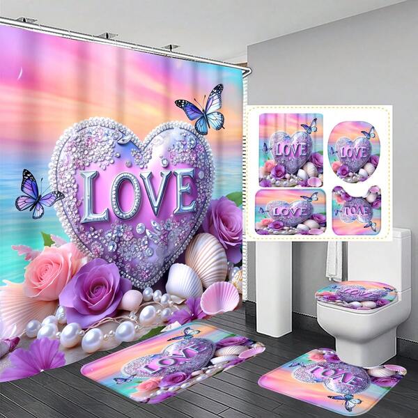 1件/3件/4件情人节钻石紫心蝴蝶贝壳多功能浴室装饰浴帘套装，赠送12个挂钩，营造优雅节日氛围，包含浴室地垫、U型地垫和圆形马桶垫，适用于各种场景的浴室套装