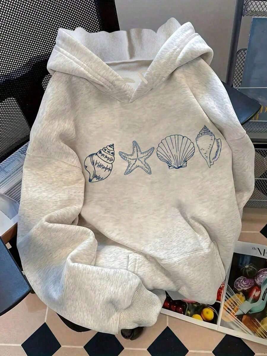 2026 Women's Gray Nautical Shell Starfish Print Hoodie,Shell Logo Pocket Long Sleeve Top,Beach Outfit Casual Daily Wear,End Of Season,Final Stock,Fan Favorite. ,Soft & Comfortable For Daily Wear, Versatile Basic Tee For Spring And Summer. ,Oversized - Machine Washable Casual Daily Wear Men's & Women's Fit. Spring Outfits For Women Long Sleeve Sweatshirts Plus Size Spring Break Summer Basic Casual Top. -Unisex Casual Vintage Street-Style Loose-Fit Cotton T-Shirt Top - Màu Xám nhạt - Xem 1