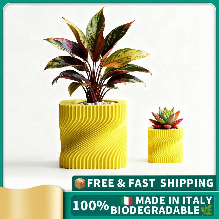 ORIZZONTE Modern Decorative Vase With Intertwined Spiral Structure – Dynamic Minimal Design For Plants, Cactus, Bonsai – Home/Office Gift Idea – Available In 2 Sizes – 100% Made In Italy, Shipping From Italy - 黃色 - 查看 1
