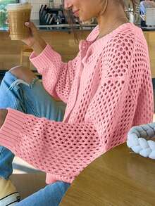 Cárdigan de mujer de punto hueco con botones, diseño de cuello redondo, manga larga y hombros caídos, ligero y transpirable, suelto y casual, adecuado para primavera, verano y otoño - Rosa - Ver 5