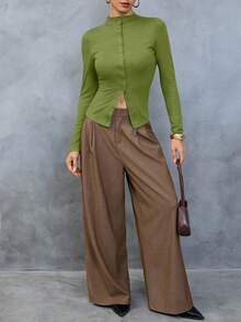 Women's Elegant Button-Up Casual Solid Color Vintage Slim Fit Sexy Top T-Shirt - Green - View 3