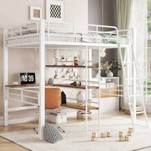 High Bed, 90*200cm, Without Mattress, Bed With Desk, Multiple Shelves, Railing, Ladder, Iron Frame, Black - 白色 + 金屬 + 90厘米*200厘米 - 查看 9