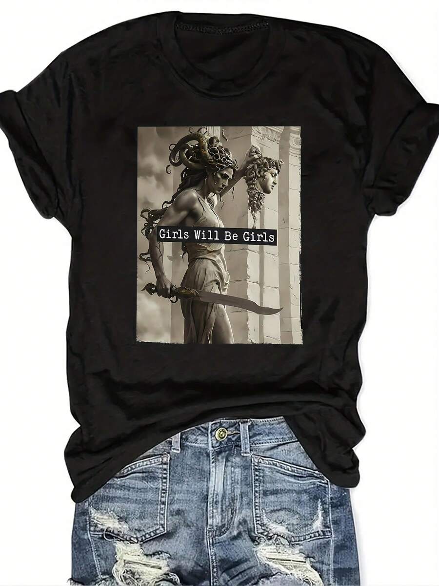 And Perseus-Shirt, Shirt, Women's Empowerment Shirt, Printed-Shirt, Casual Round Neck Short Sleeve Design, Fashionable And Versatile, Spring Summer Autumn Women's Wear - Black - View 1