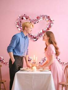 2pcs/8pcs Valentine's Day Heart Shaped Glitter Wreath Decor, Pink & Gold Metal Wreath, Valentine's Day Decorations, Suitable For Home, Outdoor And Wedding Hanging Decor, Plastic Party Decorations For Valentine's Day, Anniversary, Birthday, Wedding, Flower Arrangement - Multicolor - View 4