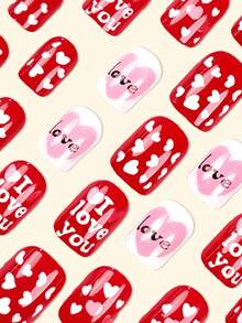 24 sztuki jesiennych, nakładanych paznokci, czerwone, krótkie, francuskie, paznokcie Y2k, kwadratowe, modne, brokatowe, geometryczne paski, wzór serca, prosty styl, wielokrotnego użytku, nakładane akrylowe paznokcie, sztuczne paznokcie, bezpłatne materiały, 24 sztuki galaretkowych zakładek i mini pilnik - Czerwony - Zobacz 2