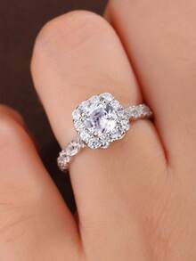 1 pieza Anillo de boda de plata de ley 925 chapado en platino con diamantes cuadrados de lujo engastados, diseño de pavé, versátil para uso diario y ceremonia de boda - Blanco - Ver 4