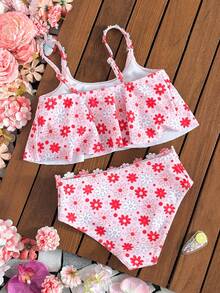 少女暑假休闲游泳娱乐全印花比基尼泳衣套装 - 粉色 - 查看 2