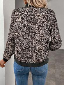 Keke Bloomly 圣诞女士轻薄长袖拉链休闲豹纹棒球夹克，时尚常规版型开衫 - 棕色 - 查看 4