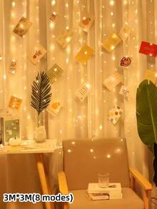 1pc 300/200/100 LED Curtain String Lights With Remote Control, 8 Modes, Size 298.7*298.7/201/100cm, USB Powered, Convenient USB Connection, Metal Curtain Light Decor, Bedroom Lighting