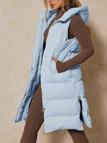 Women's Long Sleeveless Hooded Puffer Vest - Warm Insulated | Hooded Design, Double Closure (Zipper + Buttons), Side Split Zipper, Hand Pockets, Quilted Fabric - New Year Daily & Outdoor Outings, Fall Winter Layering Wear - 藍色 - 查看 1