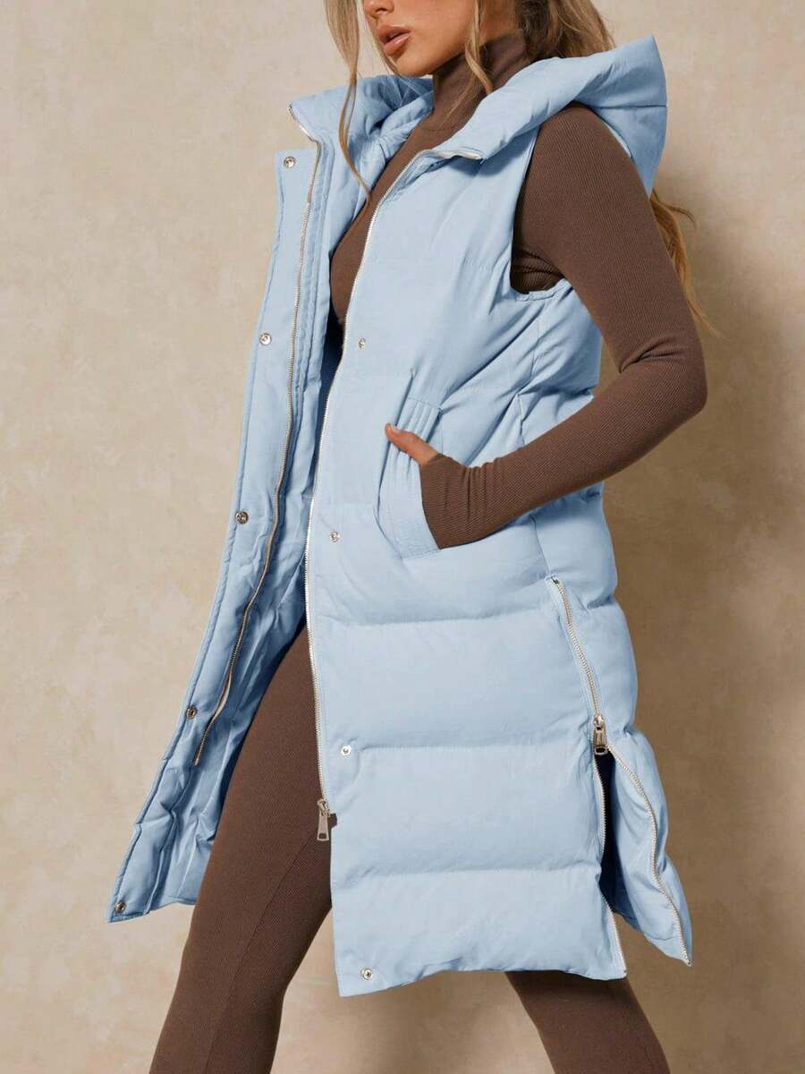 Women's Long Sleeveless Hooded Puffer Vest - Warm Insulated | Hooded Design, Double Closure (Zipper + Buttons), Side Split Zipper, Hand Pockets, Quilted Fabric - New Year Daily & Outdoor Outings, Fall Winter Layering Wear - 藍色 - 查看 1