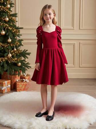 Elegant & Stickad Ribbad Fyrkantig Krage Pärlklänning Långärmad Figurnära Klänning För Tonårsflicka Vår/Höst