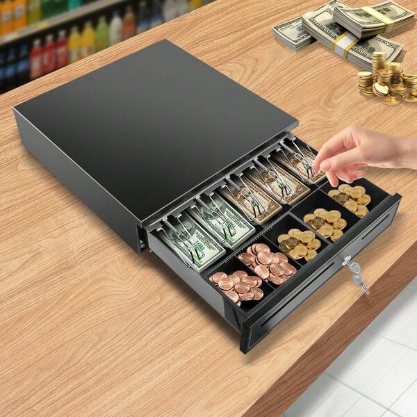 VickyHome Large Elc Cash Register/Bill Shop Money Till Drawer Cash Machine - 12V Heavy Duty Cash Till Drawer Registers For Small Business With 5 Bills 5 Coins Tray Removable Insert