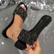 Rhinestones Summer Sandals Women Beach Slippers Casual Fashion Slippers Square Open Toe Flats Slides Shoes Outdoor Walking Travel - 黑色 - 查看 3
