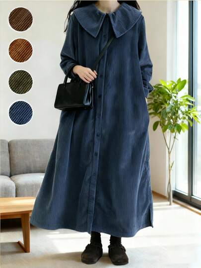 Women's Vintage Corduroy Loose Single-Breasted Long Sleeve Cardigan Dress Coat, Winter Clothes