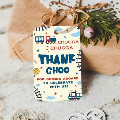 50pcs Train Theme Thank You Gift Tags With Hemp Rope - Paper Party Favor Hanging Gift Tags For Birthday & Party Decorations, Thank You Decorative Cards For Presents, Gift Wrapping Decor