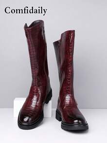 男士冬季新款时尚搭扣装饰纯色休闲靴，格子皮机车靴 - 酒紅色 - 查看 3