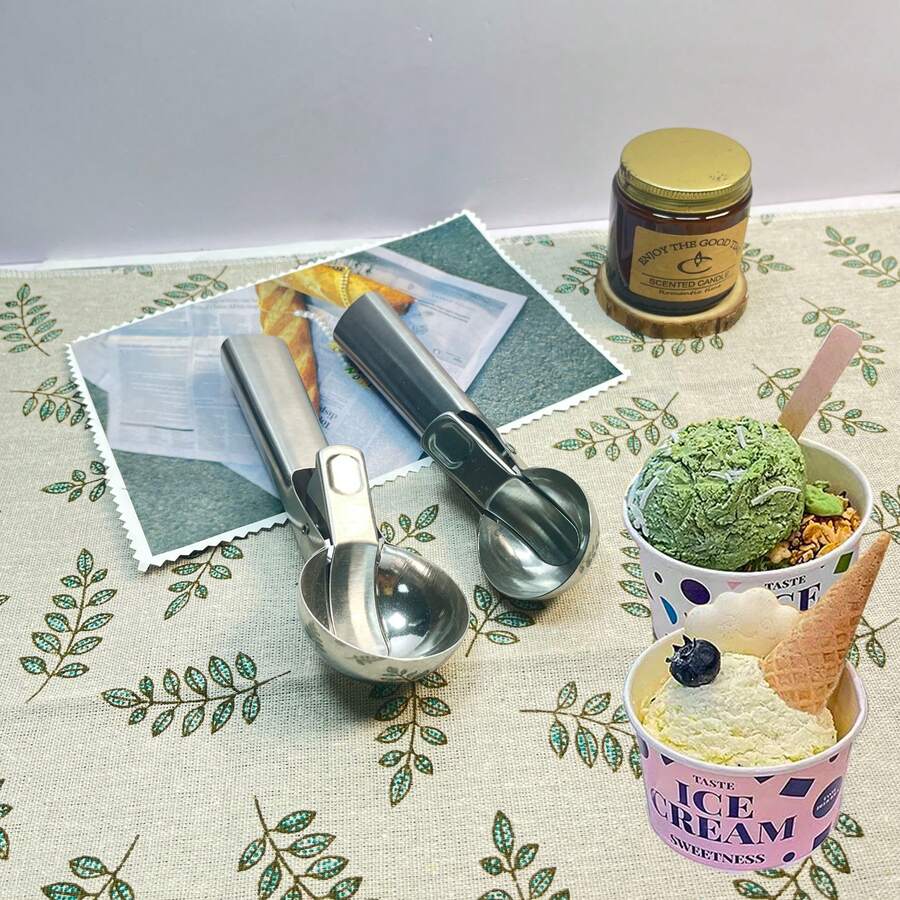 1pc High Quality Stainless Steel Ice Cream/Fruit Scoop, Available In Small And Large Sizes - Suitable For Watermelon, Cantaloupe, Papaya, Ice Cream Scooper With Trigger Release Mechanism - Multicolor - View 1