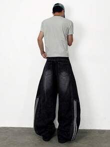 1件 Justice Brother 复古茧型男士牛仔裤，喇叭拼接宽松休闲阔腿裤 - 黑色 - 查看 4