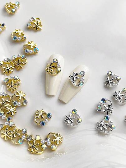 10颗3D雪花水钻AB仿珍珠金银色美甲饰品，3D奢华Y2K金属美甲配件，闪亮水钻美甲宝石，适合多种DIY美甲装饰。