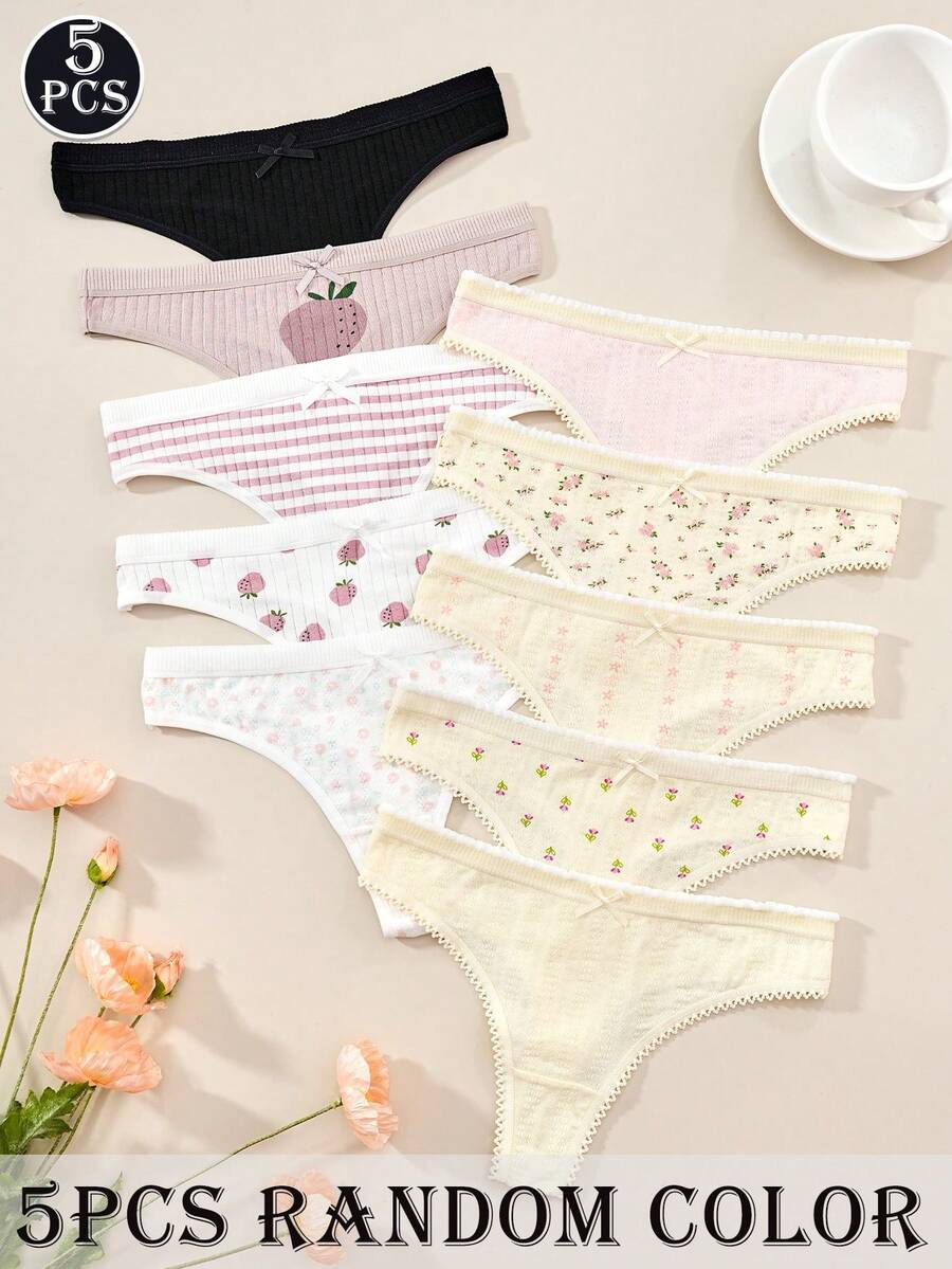5pcs Women's Panties Set, Minimalist Cute Cotton Panties, Floral Hollow-Out Thong - Multicolor - View 1