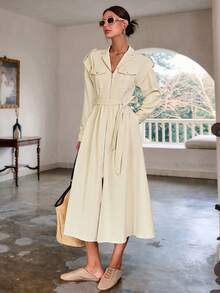 Women's Autumn New Fashion Lapel Zipper Front Long Sleeve Dress, Fashion Utility Dress, Suitable For Commuting, Work, Vacation, Weekend Outings - Apricot - View 5