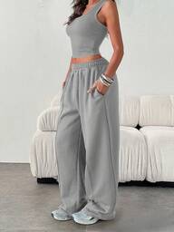 Pantalon de survêtement décontracté, ample et simple pour femmes, de couleur unie, avec taille élastique