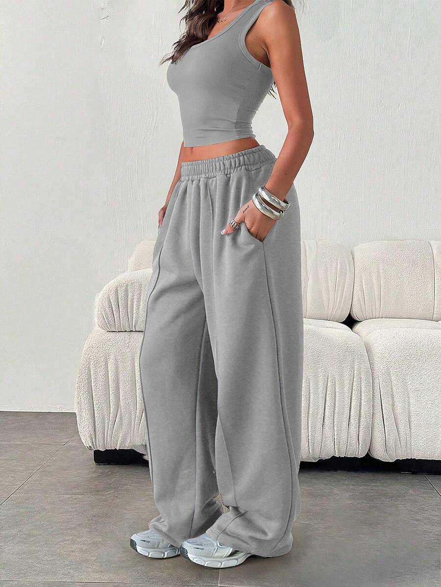 Women's Casual Loose Simple Solid Color Elastic Waist Sweatpants - Grey - View 1