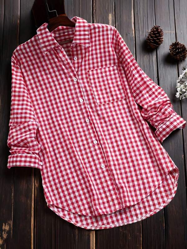 Vintage Plaid Print Patch Pocket Casual Shirt, Spring Summer