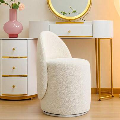 360° Rotating Round Dressing Stool With A Curved Backrest And A Comfortable, Soft Footstool. A Modern Bedroom Dressing Chair Suitable For Apartments, Living Rooms, And Bedrooms.