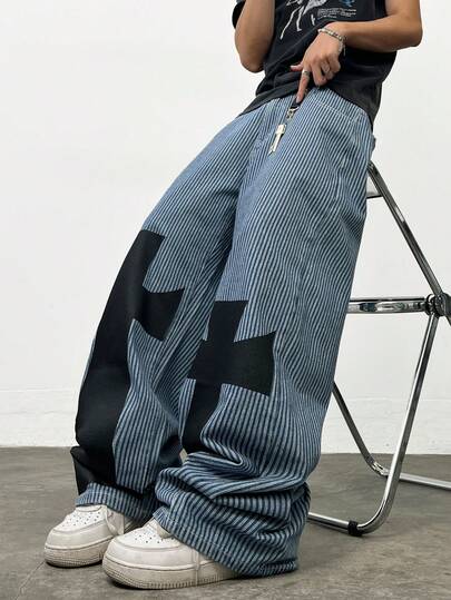 1件 Justice Brother 韩版蓝色条纹印花男士休闲宽松做旧水洗阔腿牛仔裤（不含腰带和配饰）