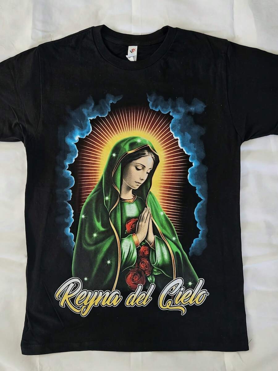 Camiseta de la Virgen de Guadalupe para Hombre y Mujer - 220gsm Algodón Puro, Negra, con Gráfico Retro de Ícono Religioso, Ropa Cultural Mexicana, Ropa Casual Unisex - Negro - Ver 1