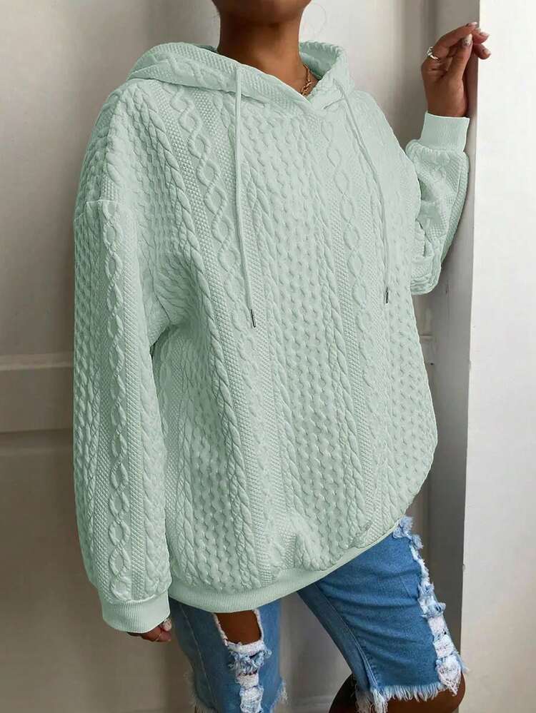 Plus Size Women Loose Casual Solid Color Jacquard Knit Long Sleeve Sweatshirt Spring - Mint Green-1 - View 5