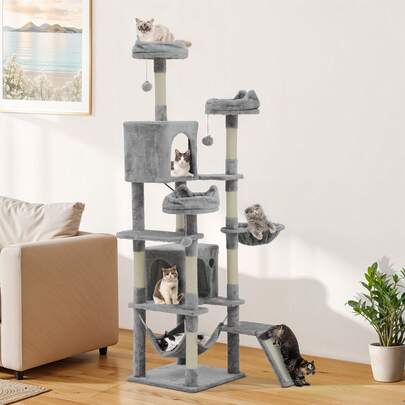 Tiragraffi XXL BALCONERA Pink (alto 190 cm) – Grande con 8 pali in sisal, 3 piattaforme, 2 grotte, cestino, amaca, palline di peluche e tiragraffi, albero per arrampicata per gatti