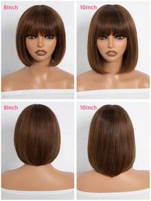 QVR QUEEN VIRGIN REMY QVR Brown Mixed Color Straight Wave Bobbed Wig With Bangs, Mini Lace Bobbed Bangs Wig, Clip-In And Ready To Wear, No Glue Needed, Suitable For Beginners - S4/30 - View 3