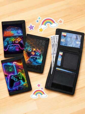 多功能三折钱包，耐用布艺钱包，可装信用卡、身份证和现金，可爱时尚，带零钱袋和证件窗口，印有游戏图案，适合男孩。