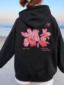 Women's Casual Graphic Print Loose Fit Thermal Lined Sweatshirt, Winter - Black - View 6