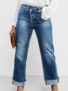 Gerade geschnittene Jeans in Große Größen mit Knöpfen und Taschen, mittlerer Stretchanteil, lange Länge. Lässig, vielseitig, Streetwear-Stil, Unifarbe, verwaschen, geeignet für Alltag, Urlaub, Formal, Reisen, Schulbeginn, Ostern, Pride Month (USA), alle Jahreszeiten