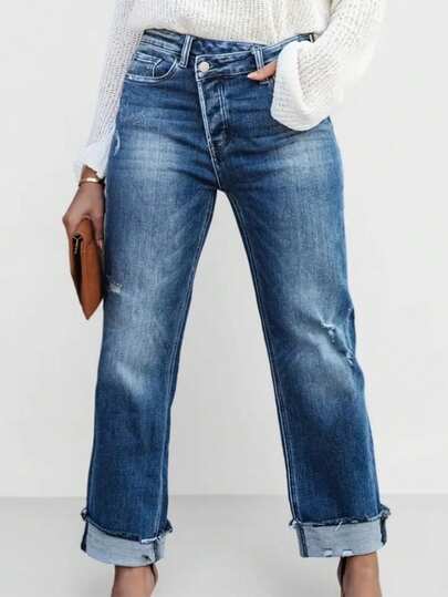 Plus Size Women's Straight Leg Jeans With Zipper And Pockets, Medium Stretch Retro Style Long Pants, Suitable For Autumn Casual